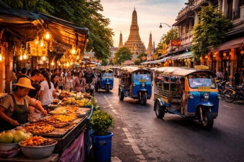 typical streetlife in Bangkok - Thailand. Food, temples and tuktuks