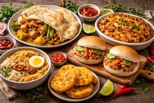Table with surinamese dishes like Roti