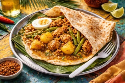 Roti - Surinamese dish with chicken, potato and green beans