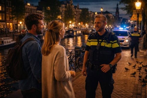 Dutch police officer talking to tourists near the Canals of Amsterdam