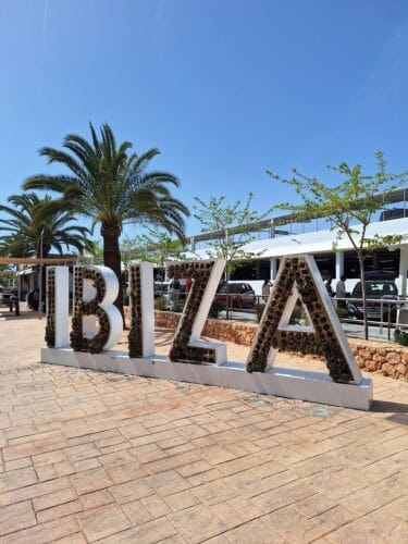 The word Ibiza displayed at the arrival hall of the airport of Ibiza