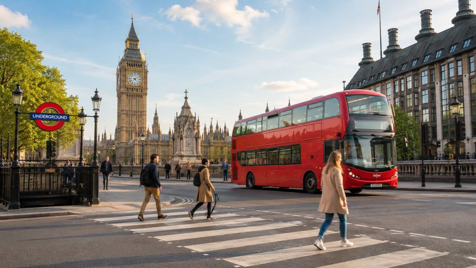London city bus before the big ben. Also an underground sign