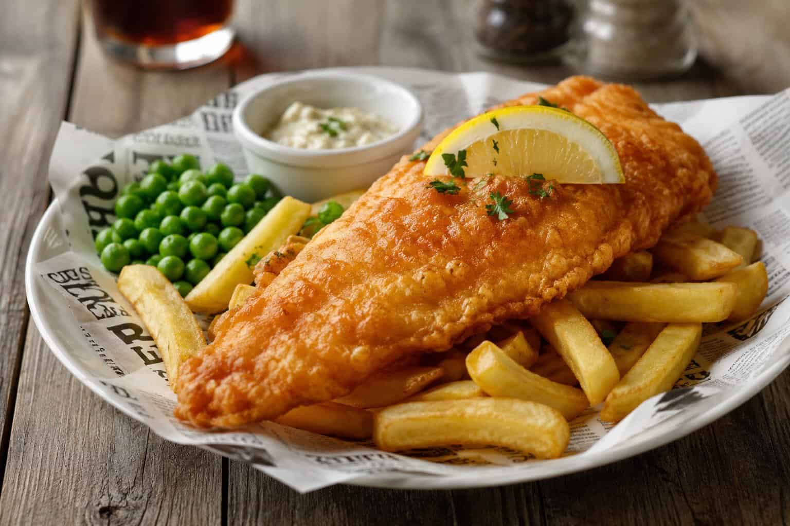 Plate with fish and chips and peas