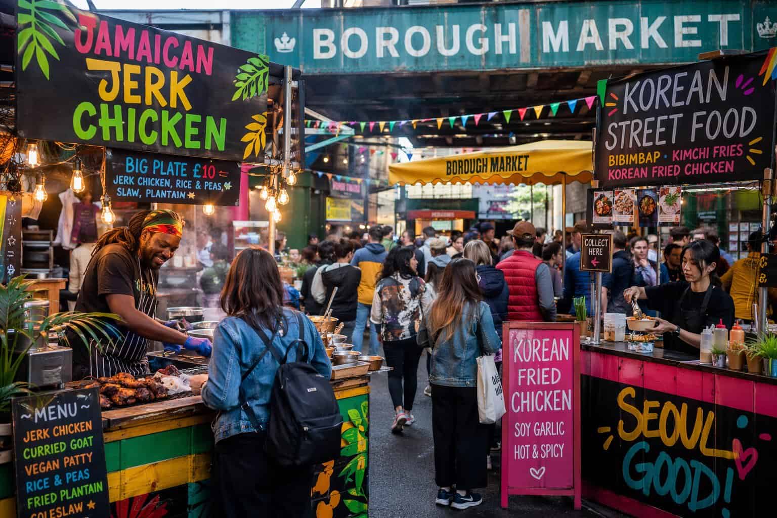 borough market in London with a Jamaican and Korean colourful food stall