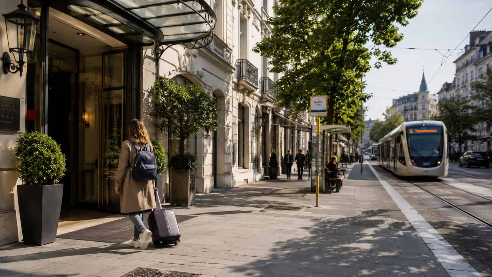 Woman with suitcase entering a hotel. In front of hotel public transport station